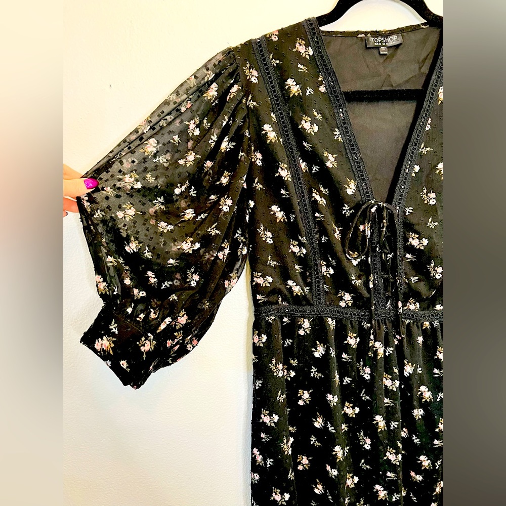 Topshop Black Floral Midi Dress Sheer Sleeves - Picture 3 of 4